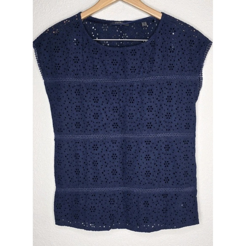 Espirit Navy Eyelet Shirt Top Woman S Cotton Cottage Office Casual Short Sleeve